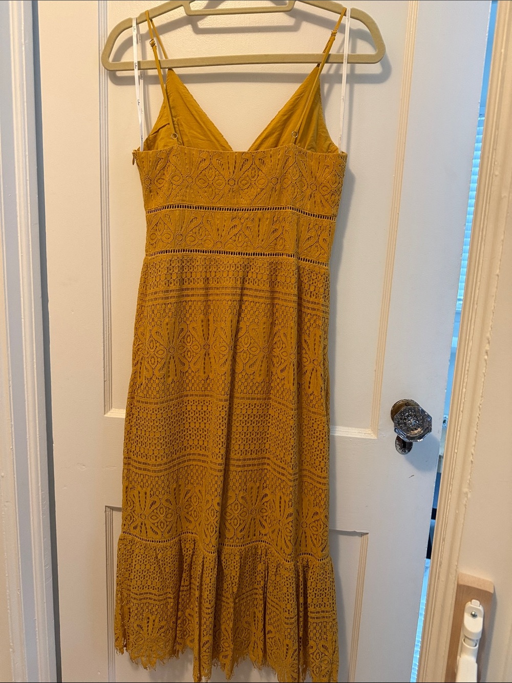 Lulu's Mustard Crochet Midi Dress with Spaghetti Straps - Picture 5 of 6